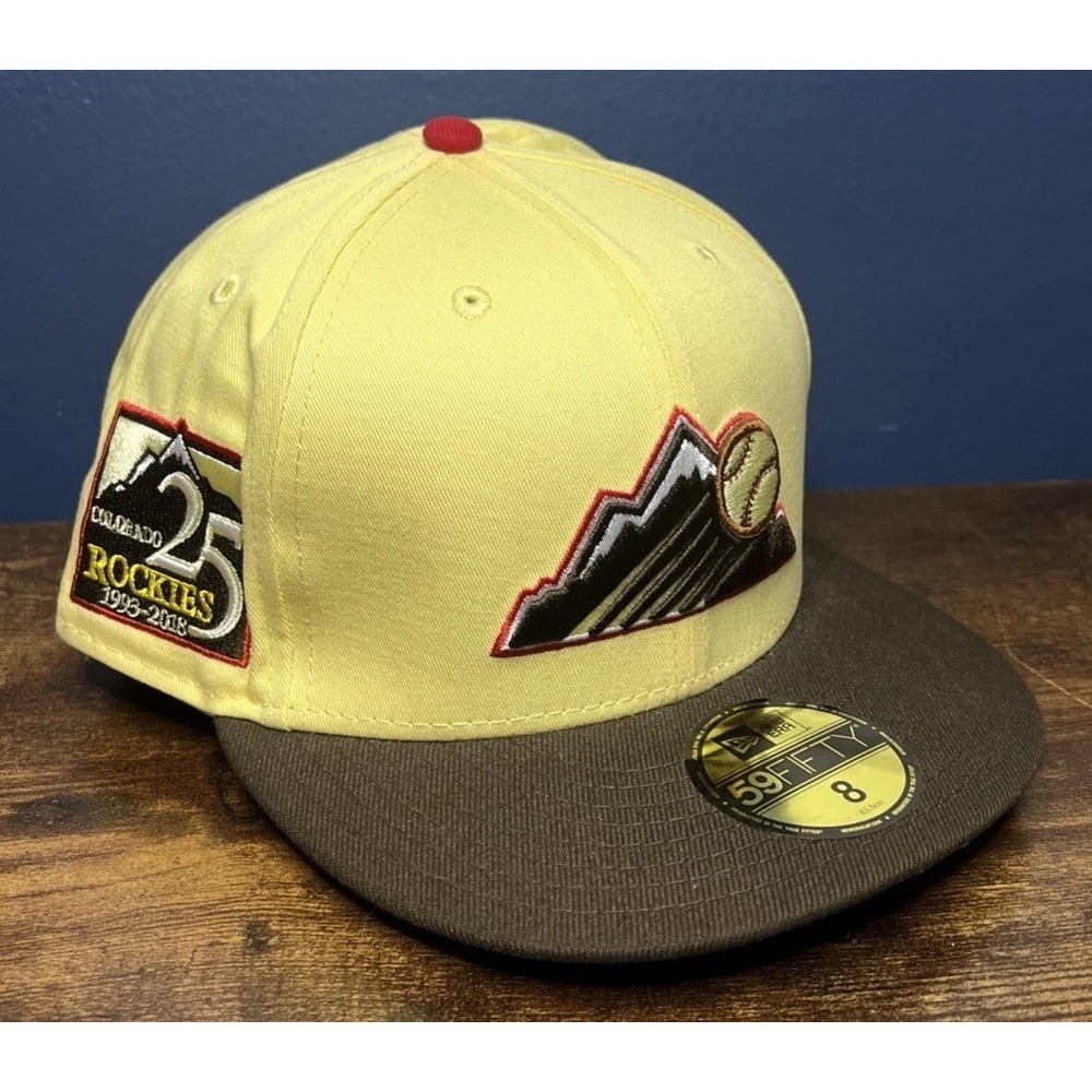 New Era 59Fifty COLORADO ROCKIES Hat Cream Brown 25th Anniversary Patch Fitted 8